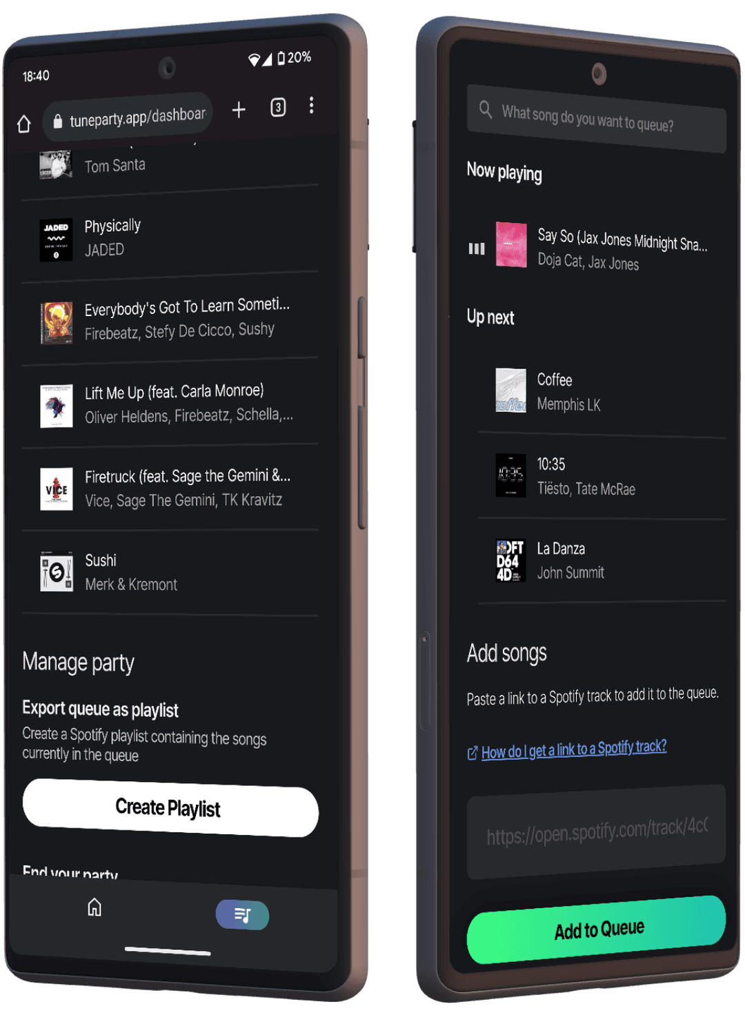 Two smartphones side-by-side. The screen on the left shows part of the Dashboard page, with upcoming songs in the queue and party management controls being displayed. The screen on the right shows part of the Party page where a search bar, the currently playing song, the next 3 songs, and a text field to paste a Spotify track link can be seen.